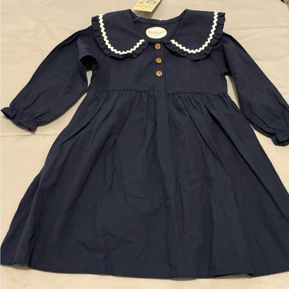 Girls' Navy Long-Sleeve Dress with Scalloped Collar